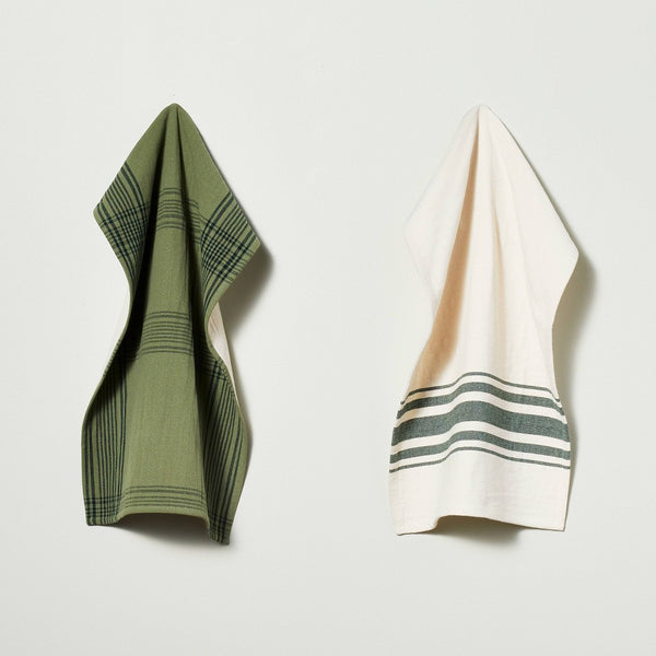 2pc Open Plaid & Varied Stripes Kitchen Towel Set Tonal Green/Cream - Hearth & Hand with Magnolia